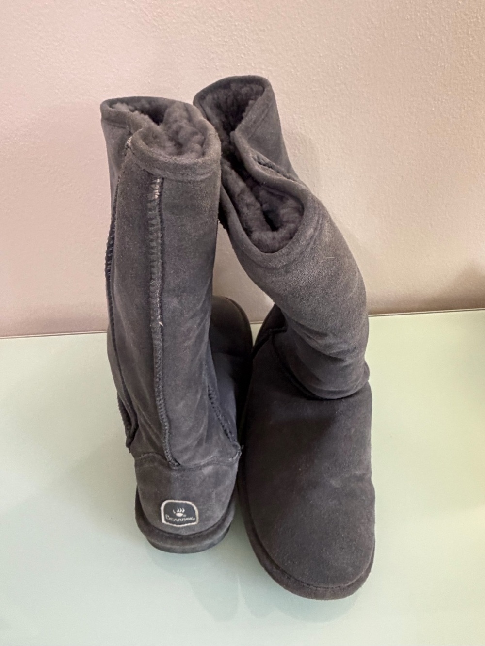BearPaw Charcoal Gray Suede Shearling Mid-Calf Boots
